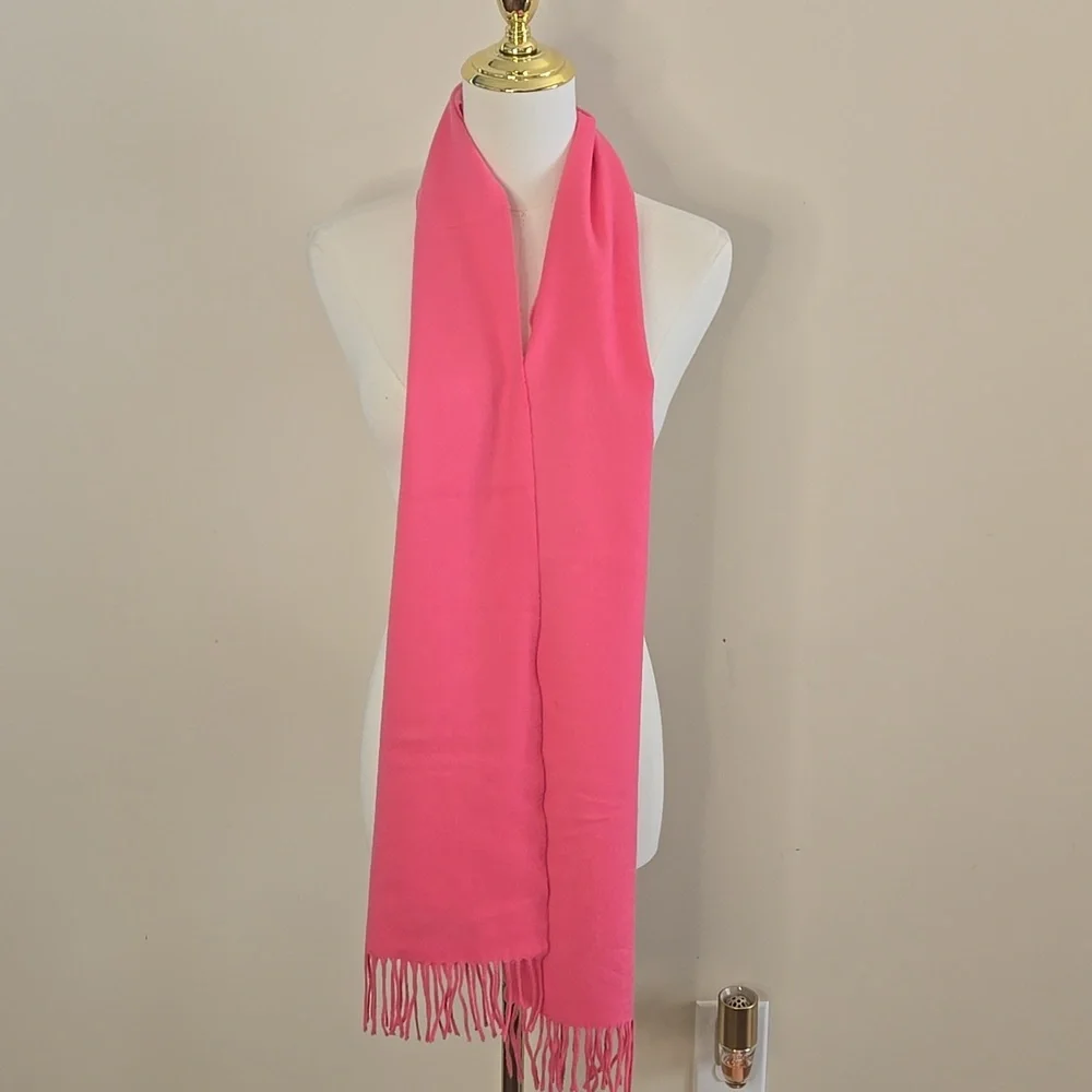 Coach 100%‎ Cashmere Scarf – Pink with Fringe Trim, Luxe Preppy Classic